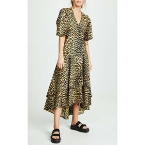 Ganni Bijou Leopard Cotton Wrap Dress Yellow Size 38/ US 6